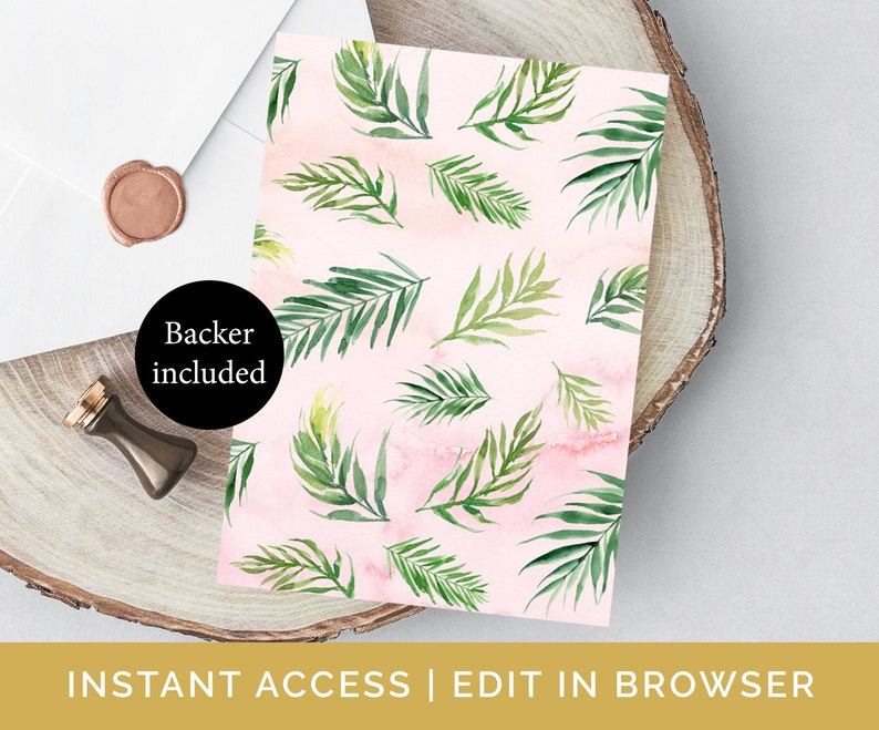 Op de afbeelding: Een downloadbare digitale print van een roze achtergrond met een herhalend patroon van groene aquarelbladeren. De tekst "Backer included" staat in een zwarte cirkel aan de linkerkant van de afbeelding.
