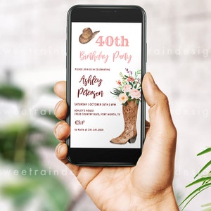 May include: A digital invitation for a 40th birthday party. The invitation features a pink and brown cowboy hat, a brown cowboy boot with pink flowers, and the text "40th Birthday Party". The invitation also includes the name "Ashley Peterson", the date and time of the party, and the location.