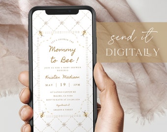 Mommy To Bee Baby Shower Evite DIGITAL, Honey Bee Baby Shower Phone Invitation Template,  Little Bee Digital Invitation E-Invite, Text 013