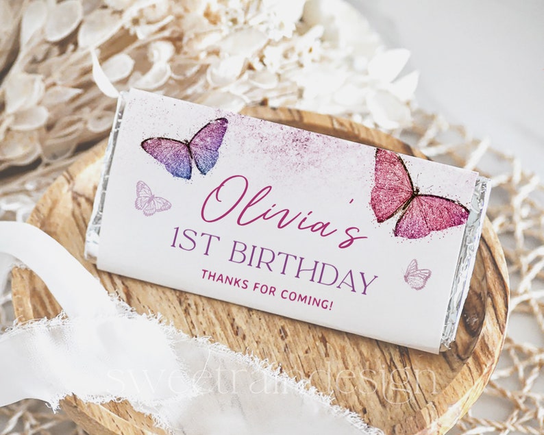 Butterfly Chocolate Bar Wrapper Template, Girl 1st Birthday Favors, Butterfly Candy Bar Wrapper, Pink Butterfly Party Favors Editable 09 zdjęcie 6