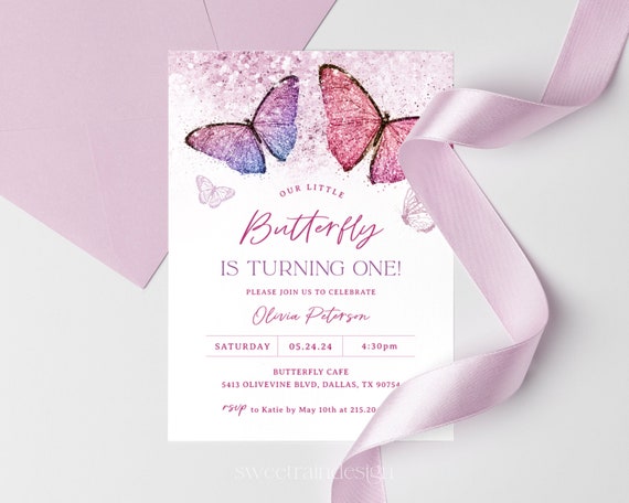 Butterfly 1st Birthday Invitation Template, Girl 1st Birthday Party, First Birthday Invites, Girl Butterfly Party, Pink Butterfly Invite 09 Il_570xn