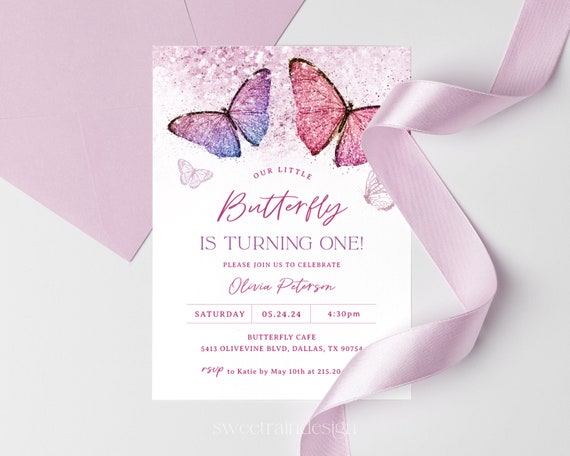 Invitation Anniversaire de papillon d'illustration simple rose