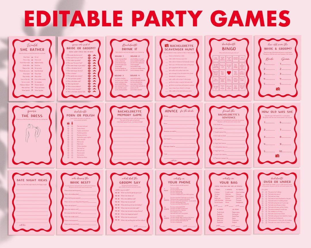 Retro Bridal Shower Games Bundle, Pink and Red Hens Party Games, 70s Wedding Shower Games, Wavy