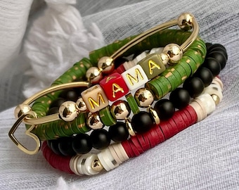 Mama Holiday Bracelet Stack | Custom Christmas Gift | Black Red Green | Personalized | Word | Name | 14K Gold Plated