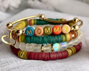 Mama Retro Holiday Bracelet Stack | Christmas Gift | Retro Colors | Personalized | Word | Name | 14K Gold Plated