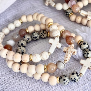 Cross Stone and Wood Bead Bracelet | Easter Aromatherapy Diffuser| Essential Oil Bracelet
