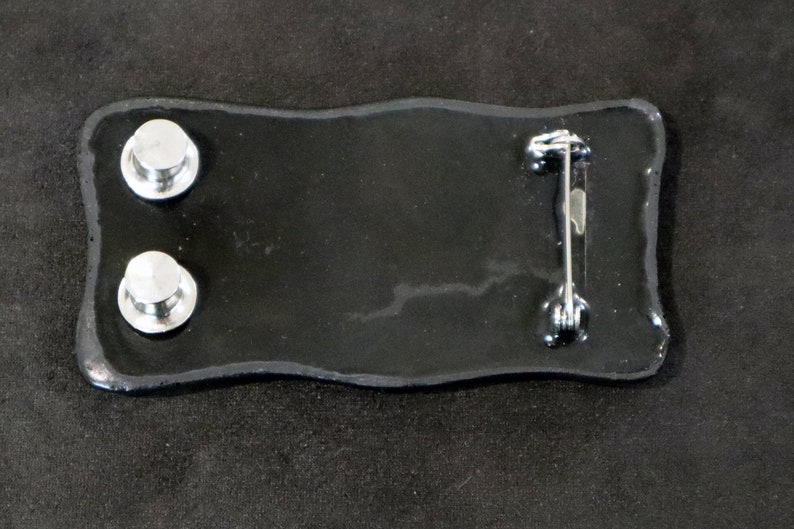 May include: Black enamel pin with two silver metal posts on the back and a silver metal pin back.