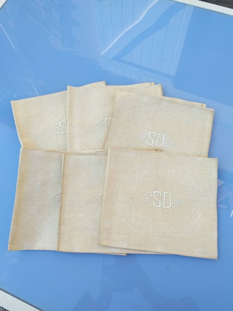 Superbe Ensemble de 6 Serviettes Table S.d. Monogrammées Damassées en Lin