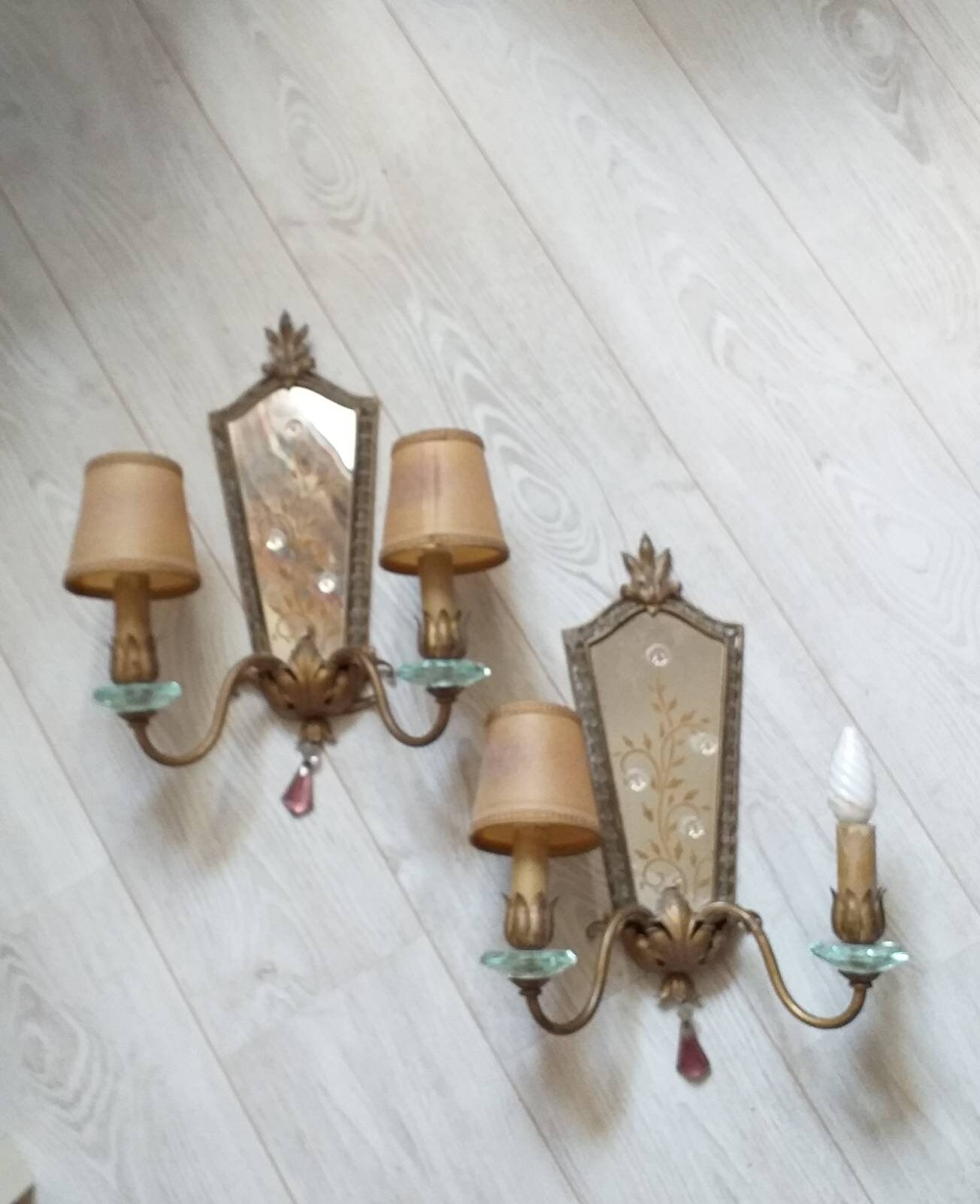 Français Miroir Vintage Original Des Années 1940 et Appliques Murales Doubles Perles/Super Décorateu