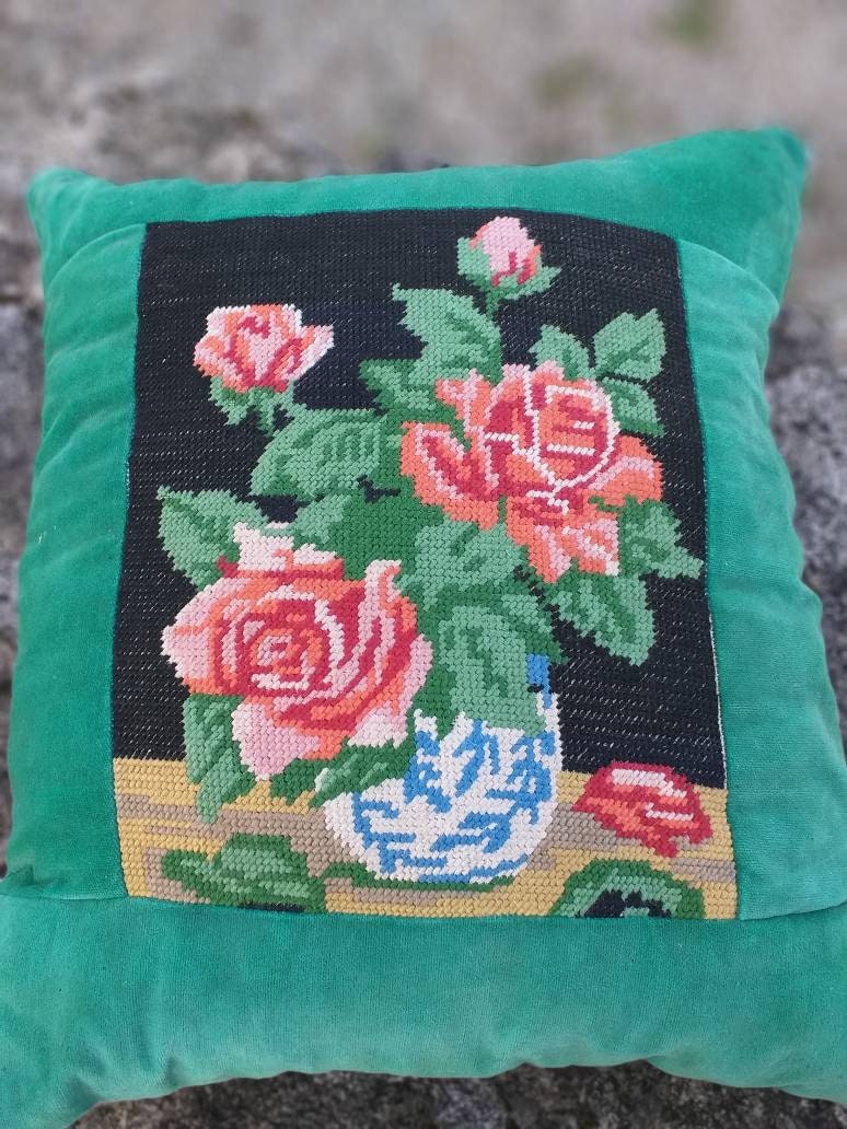 Français Coussin de Boudoir Brodé à La Main en Velours et Feutre avec Panneau Avant Laine Super État