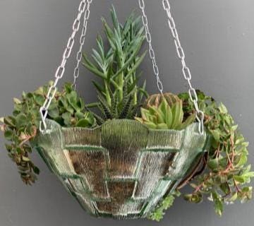ANTIQUE 1930s HANGING Green Textured Glass Large PLANTER Plant Pot cacti Succulents Houseplants Perfect Gift