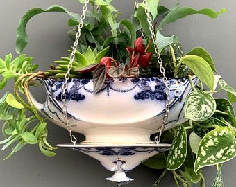 Unique et magnifique céramique de transfert bleu ANTIQUE anglais Till & Sons Venus Pottery Soupière suspendue Jardinière en pot