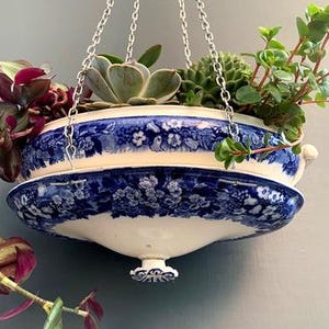 May include: A hanging planter with a blue and white floral pattern, suspended by silver chains. The planter is filled with a variety of green and purple plants. The ceramic planter has a classic, vintage aesthetic. The planter is a decorative item.
