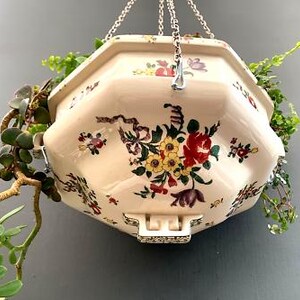 ANTYCZNA ceramika WISZĄCA DONICZKA Doniczka z drenażem Royal Doulton Old Leeds Spray Kaktusy Sukulenty Rośliny doniczkowe Idealny prezent