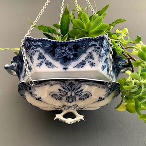Beautiful Unique Jardiniere ANTIQUE Blue & White Pottery HANGING Tureen PLANTER Plant Pot