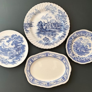 Engelska ANTIK Vintage Järnstenskeramik Vägghängande Galleritallrikar x 4 Blå & Vit