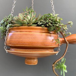 Könnte beinhalten: Ein hängender brauner Keramik-Pflanztopf mit Griff, gefüllt mit verschiedenen grünen Pflanzen und Sukkulenten. Der Pflanztopf wird von silbernen Ketten gehalten. Ein einzigartiges und dekoratives Design zur Präsentation von Pflanzen.