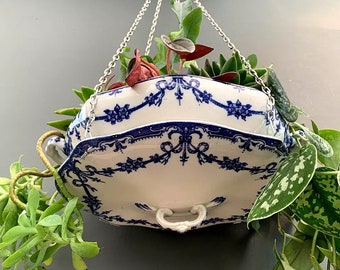 Magnifique cache-pot à suspendre bleu et blanc Adderley Ltd Alexis Pottery pour soupière suspendue