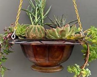 ANTIQUE Amber Glass HANGING Open TERRARIUM Planter Plant Pot Cacti Succulent Planter Plant Pot Jardiniere Unique Gift