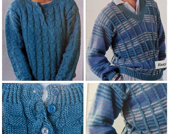 Vintage DK Polo sweater knitting pattern - two patterns in one - collar - V-neck - relief pattern - 80s unisex jumper men women non-binary