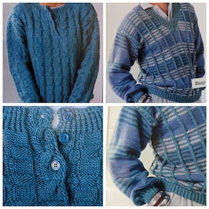 May include: Four different blue knitted sweaters with various patterns and textures. The sweaters are shown in close-up and full-body shots. One sweater has buttons and a cable knit pattern. Another sweater has a striped pattern and a v-neck. The third sweater has a textured pattern and a crew neck. The fourth sweater has a striped pattern and a v-neck. The word "Easy" is printed on the fourth sweater.