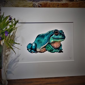 May include: A framed print of a watercolor painting of a green and blue frog. The frog is sitting on a white background. The print is numbered 1/50.