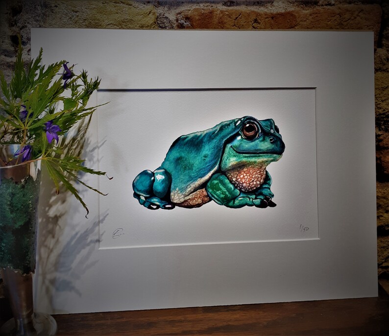 May include: A framed print of a watercolor painting of a green and blue frog. The frog is sitting on a white background. The print is numbered 1/50.