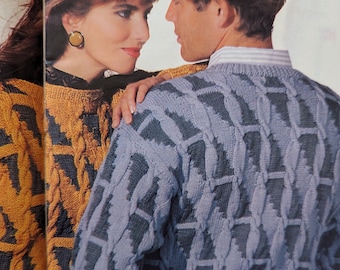 Vintage sweater knitting pattern/Two colour/4ply 80s Jacquard cable knit pattern/His and hers/Two matching patterns/men/womens
