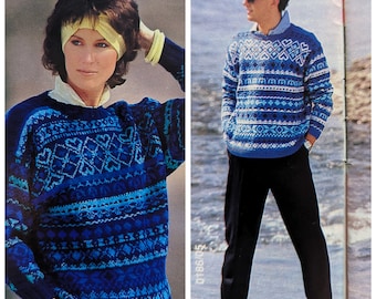 Fairisle Vintage 80s sweater knitting pattern/4ply/His&Hers/matching two patterns/multicolour patterned knitting pattern/for men and women