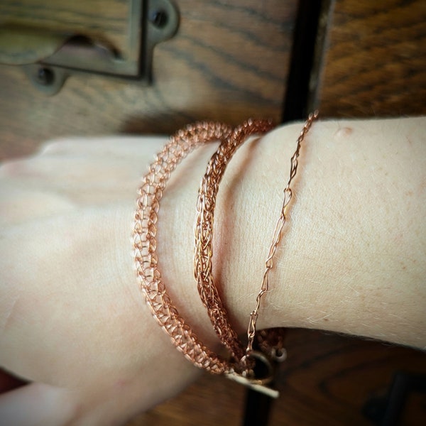 Copper Viking Weave Three Strand Bracelet. Handmade with ring bar toggle clasp. Modern Elegant Norse Style Wire weave jewelry