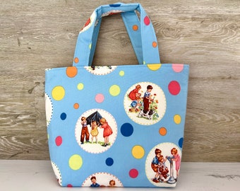 Child's Hand Bag, Tote Bag for Children, Cute Classic Characters, Blue Fabric, Gift for Child, Girls Handbag, My First Bag, Toddler Tote Bag