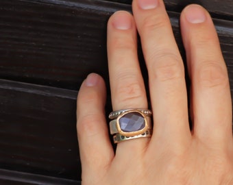 18k Gold & Silver Chocolate Moonstone ring, Brushed band ring. Size 5 3/4 US, Rose cut ring. Mixed metal ring, June birthstone ring