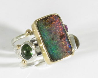 Opal tourmaline gold silver swirl ring, Australian Boulder opal ring. Matrix opal ring, Four stone band ring. Size US 7 1/4