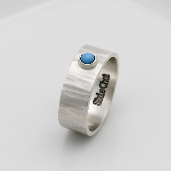 Bague large argent texturé écorce de bois avec turquoise, Alliance couple, Sur mesure