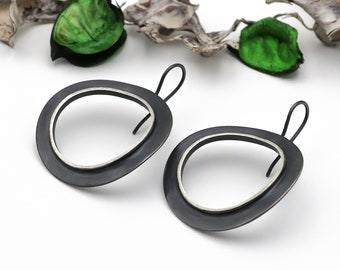 Large double hoop earrings in black silver, Thick hoops. Striking modern earrings