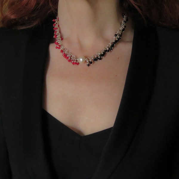 Collier Corail rouge Onyx noir Perle Argent massif, Collier grappe de perles, Bijou de créateur