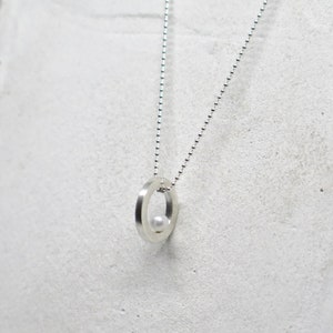 Open circle pearl pendant on silver ball chain necklace, Made to order