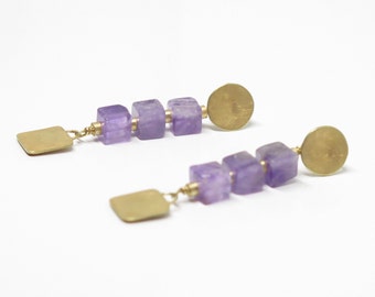 Amethyst long earrings in brushed gold, Square drop earrings. Disc stud earrings, Modernist jewelry. Unique earrings, Designer jewelry