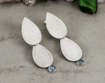 Double drop silver earrings with Aquamarine, Sky blue stone earrings. Brushed earrings, Modern jewelry. Contemporary art unique earrings