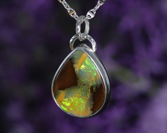 Australian Boulder Opal Silver Necklace, Large Green Opal Pendant