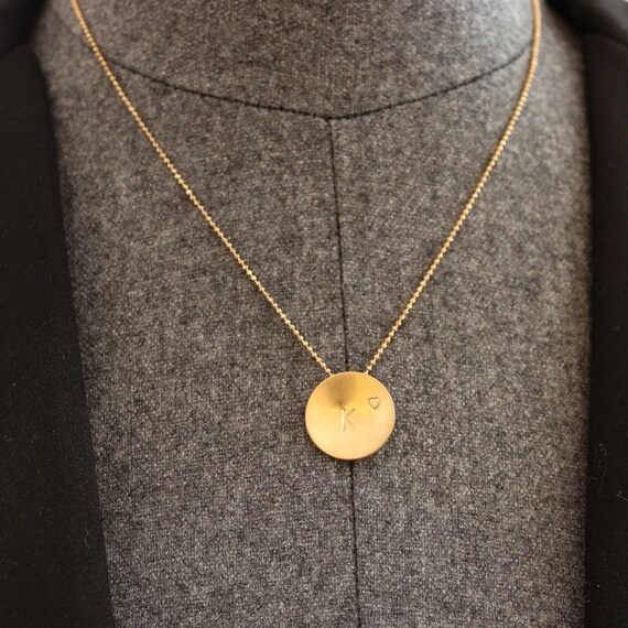 Gold Necklace With Initial and Heart on Disc Letter Heart Stamp