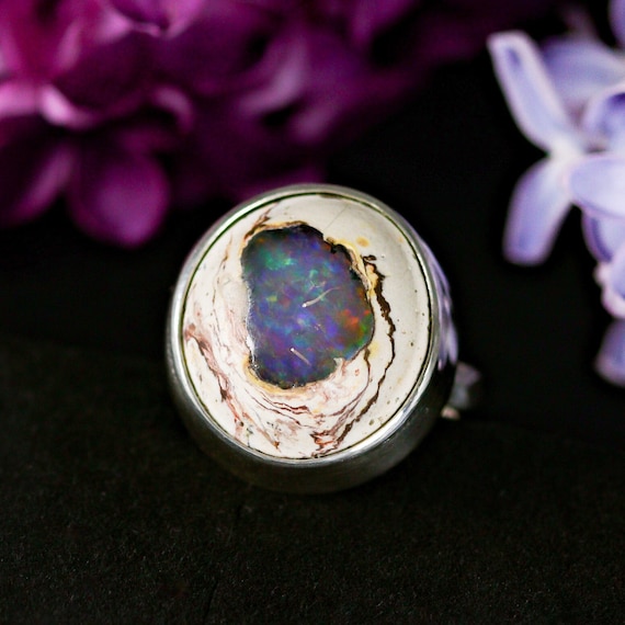 Bague En Argent Massif Avec Opale Bleue - Taille 54, 21.5x17mm, Création Maison Made In France