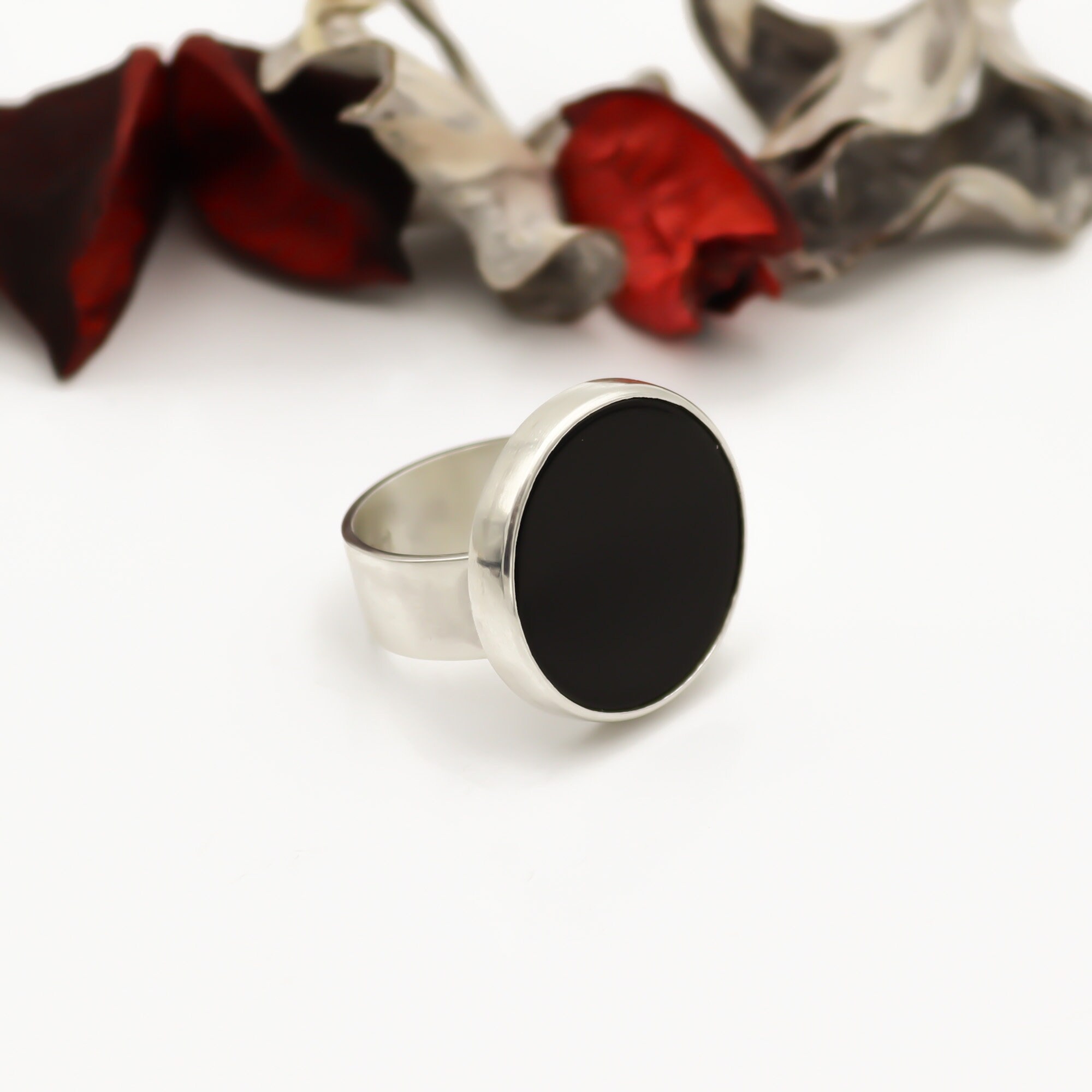 Round Flat Black Onyx Silver Band Ring, 20 Mm Large Onyx