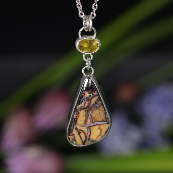 Rainbow boulder opal and yellow sapphire silver necklace, Natural Australian Matrix opal, Adjustable length chain