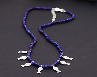 Lapis lazuli beaded necklace with seven silver fish, Adjustable length, Unique necklace