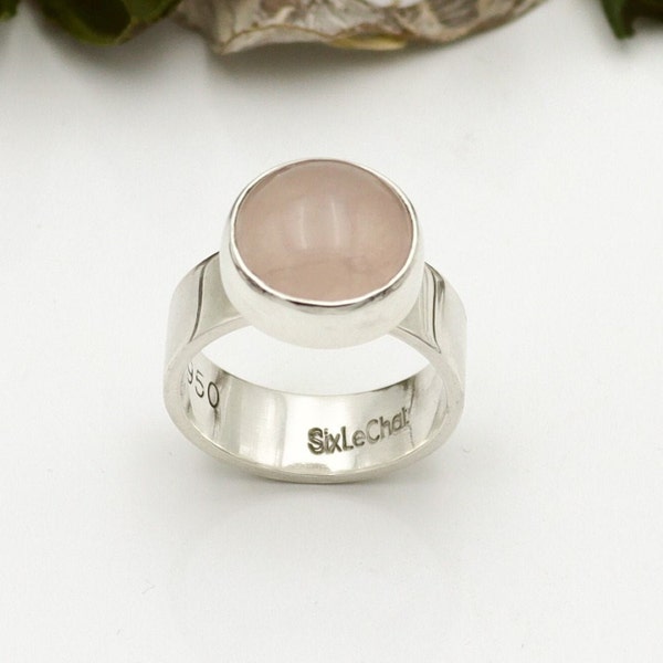 Bague quartz rose argent massif, Bague bande large, Bague pierre fine ronde, Sur mesure, Bijou de créateur