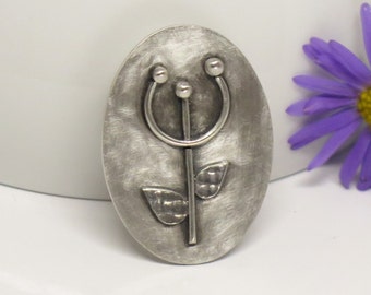 Scandinavian flower silver oval brooch, Statement floral brooch. Modern art jewelry