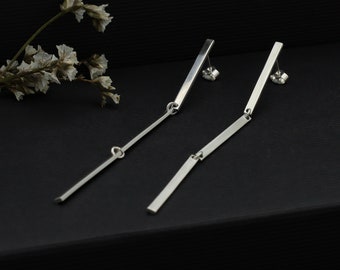 Extra long silver bar dangle post earrings, Handmade to order