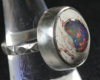 Mexican matrix fire opal silver ring, Galaxy opal ring. Pattern silver large opal ring, Jelly opal ring. Colorful round opal ring, Size US 7