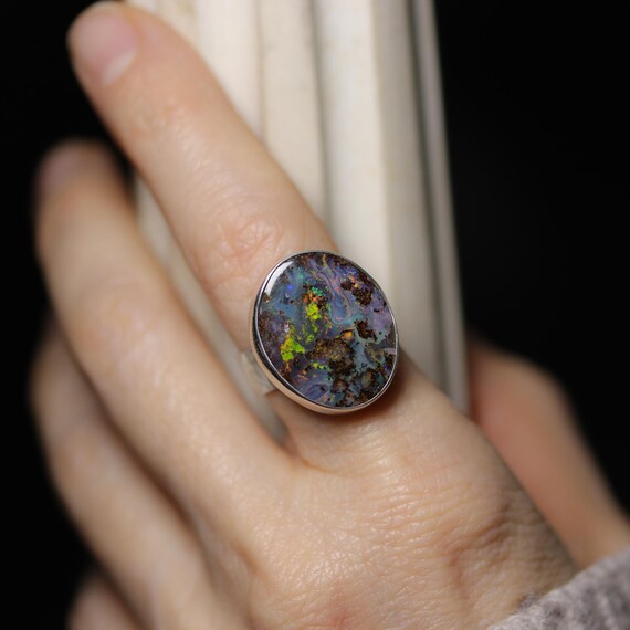 Bague En Argent Massif Avec Cabochon Pierre Violet Foncé - Taille 56, Occasion, Bijou Ethnique